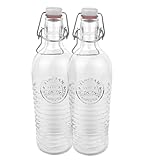 Bormioli 2er Set Glasflasche Officina 1825 - geriffelte 1,2 Liter Flasche mit Bügelverschluss und Relief Verzierung, 4250857232383