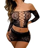 NLAND Damen Mesh Dessous Set Fishnet Hollow Out Minikleid Dress Babydoll Kleid Erotik Reizwäsche Bikini Lingerie Negligee Perspektiv Erotische Dessous Lingerie(Kreuzgurt)