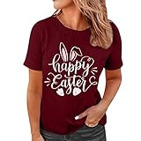 Damen kurzen Ärmeln und Osterdruck T-Shirt Top Lässige Bluse,Mode lässiges Oberteil Plus-Size-Shirt bedrucktes T-Shirt Blouse mit Rundhalsausschnitt Leinenhemd Eay