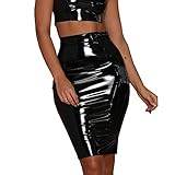 GHJdhygy Damen Sexy Spiegel Oberfläche PU-Leder Nasses Aussehen Mittlerer Rock Hohe Taille Reißverschluss Hüftrock Nachtclub Bar DS Lederrock Bühne Kostüme,Schwarz,XL