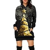 Weihnachtskleid Damen Hoodie Kleid Lang Weihnachten Sweatshirt mit Kapuze Gold Weihnachtsbaum Druck Minikleid Xmas Casual Lang Pullover Teenager Mädchen Fashion Christmas Blusenk