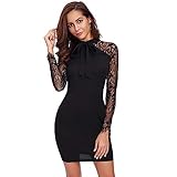 DIDK Damen Spitzenkleid Minikleid Cocktailkleid Etuikleid Party Business Elegant Kleider Abendkleid Langarm Schmal Kleid mit Schleife Schwarz M