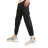 WUOOYOQ Unisex Pärchen Retro Mode Plaid Patchwork Kordelzug Hosen Elastische Hohe Taille Hose Causal Straight Leg Hose mit Taschen Gr. M, Schw