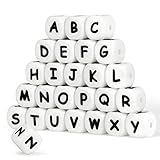 Silikon Buchstaben Perlen,104 Stück Alphabet Englisch Würfel 12mm Machen Sie Ihr eigenes Kit Mix für schnullerkette Halskette Armband Ring DIY Bulk Set Baby Zahnen Kauen Perlen Personalisierter N
