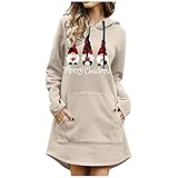 Briskorry Damen Lange Hoodies Weihnachtskleid Knielang Weihnachten Druck Weihnachtspullover Sweatshirt Pullovers Casual Kapuzenpullover Kleider Lose Tops mit T