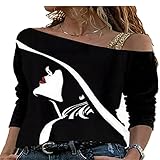 XPDD Damen Sommer Langarm T-Shirt Basic Off Shoulder Schulterfrei Oberteil Shoulder Rundhal Hemd Lässige Tunika Bluse Shirt Damen Christmas Sweater Pullover Sexy Cold S