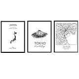 Pack von Plakaten und Denkmäler Ländern. Stadtkarte Tokyo, der Mount Fuji und Karte Denkmal Japan. A4-F