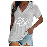 Damen Sommer Kurzarm V Ausschnitte Einfarbig Casual Bedruckt Oberteile Top Blusen Loose Oversize Shirt T Shirt(Weiß,4XL)