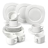 suntun Weiß Kaffeeservice 6 Personen, mit Kuchenteller Kaffeetassen Untertasse, Weiß Eckig Modern Porzellan Geschirrset Kaffeeg