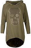 Fashion You Want Damen Totenkopf Pullover Glitzer Sweatshirt Pailletten Strass Stretch Oversize Shirt Langarm Shirt Hoodie vorne kurz hinten Lang Fishtail (Khaki, 38/40)