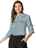 Allegra K Damen-Satinbluse mit Puffärmeln und Punktkragen im Vintage-Look mit Knopfleiste, dusty blue, 34