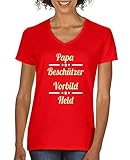 Comedy Shirts - Papa Beschuetzer Vorbild Held - Damen V-Neck T-Shirt - Rot/Beige-Weiss Gr. L