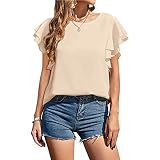 KBUY Damen Bluse Hemdbluse Baumwolle Hemd Rüschen Rundhals Casual Oberteile Hemd Blusen Tops Chiffonhemd Lose Damen Chiffon Hemd Tunika Trompetenärmel Rüsche Kurzarm Elegant Einfarbig Sommer B