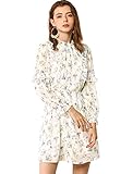 Allegra K Damen Langarm Rundhals Ruffle Bindegürtel Chiffon Blumen Minikleid Kleid Weiß M