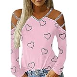 GFGHH Damen Langarmshirt Herz Blumenmuster Aufdruck Drucken Oberteile Schulterfrei T-Shirt Pullover Casual Bluse Tunika Sweatshirt Sommer Sexy Elegant V-Ausschnitt Locker Tops Mädchen Teenager S