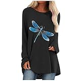 DIYAGO Langarm-Tops für Frauen, UK-Übergröße, runder Kragen, Libellen-Druck, langer, unregelmäßiger Saum, lockerer Stil, Freizeit-Sweatshirt, Hoodie, Pullover Gr. M, Schw