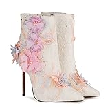 Modestickerei Stiefeletten Für Damenhochzeit, Klassische Stiefeletten Mit Spitzer Zehe Und Blumen Sexy Stiletto High Heel Pumps Mid Boots Für Damen Partykleid Laufsteg,Weiß,36