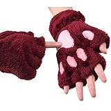 Frauen Bär Plüsch Katze Pfote Klaue Handschuhe Winter Nette Kätzchen Fingerlose Fäustlinge Handschuhe Plus Samt Verdickung Warme Handschuhe -Red -One S