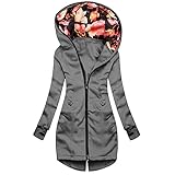 Kapuzenpullover mit Reißverschluss für Damen, leger, einfarbig, lose, lange Strickjacke, Kapuzenjacke mit Tasche, grau, 50