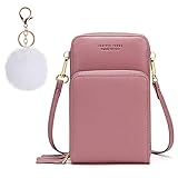 Shaka Handy Umhängetasche, Handytasche zum Umhängen Leder, Umhängetasche Damen Klein mit Kartenfächer, Verstellbar Schultergurt mit 1 Niedlichen Furball für Handy unter 6.5 Zoll (Rosa)