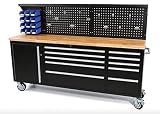 Werkbank mit Schubladen 215 cm Werkzeugwagen, fahrbare Werkbank mit Massivholzplatte inkl. Rückwand, Werkbank mit Lochwand und Schubladen, Werkbank mit Rollen und Schubladen (Werkbank 3)