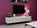 Tv Schrank Vigo 180 cm Länge, Hängeschrank, Wandschrank, Fernsehentisch mit 2 Klapptüren, Lowboard, Grifflose Öffnen, Push to Open (Weiß / Weiß Hochglanz)