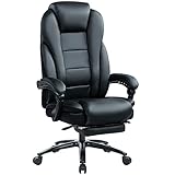 KCREAM Ergonomischer Chefsessel, Leder Bürostuhl mit 180 KG Belastbarkeit, Reclining Office Stuhl mit Fußstütze, Computerstuhl mit Metallbasis, Höhenverstellbar und Wippfunktion (Schwarz)