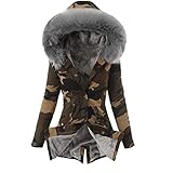 CCOOfhhc Damenjacke mit Kapuze Übergang Winterparka Lang Wintermantel Reißverschluss Gefütterter Winter Warm Winterjacke Mantel Atmungsaktiv Leicht Übergangsjacke Parka Camouflag