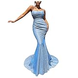 Lazzboy Partykleid Damen Pailletten Kleid Festlich Frauen Casual ärmelloses Minikleid Bodycon Drapiert Ziehbändchen Knoten Bleistift Sexy Spaghettiträger Sommerkleid (Blau,XL)