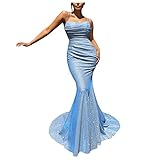 Lazzboy Partykleid Damen Pailletten Kleid Festlich Frauen Casual ärmelloses Minikleid Bodycon Drapiert Ziehbändchen Knoten Bleistift Sexy Spaghettiträger Sommerkleid (Blau,M)