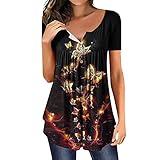 Damen T-Shirts Kurzarm Sommer Oberteile V-Ausschnitt Knöpfen Elegante Lässige Casual Schmetterlingsdruck Frauen Tshirt Tunika Top T Shirt Bluse Longshirt D