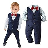 LAPLBEKE Baby Jungen Outfits Anzüge - Kinder Hemd + Hosen + Weste + Fliege Sets Langarm Knopf - Gentleman Festliche Hochzeitsanzüge Bekleidungssets Dunkelblau 2-3 J