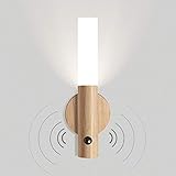 Holz LED Wandlampe Batterie Akku Innen Vintage Wandleuchte Bewegungsmelder mit USB Aufladbar Kabellos Treppen Licht Nachtlicht Magnetische für Kinder Kinderzimmer Nachttischlampe Warmweiß