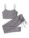 DIDK Damen Leggings und Top Sets 2 Piece Spaghettiträger Bauchfrei Tops Skinny Hose Strick Sport-Set Fitness 2-Teiler Trainingsanzug Grau S