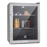 Klarstein Beersafe - Minibar, Mini-Kühlschrank, Getränkekühlschrank, leise, 42 dB, Edelstahl, Flaschenkühlschrank mit Glastür, 5-stufiger Temperaturregler, Bierkühlschrank 60 Liter, Silber-schw