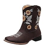 MJGkhiy Westernstiefel Damen Leder Stickerei Schuhe mit Eckigem Absatz Freizeitschuhe Klobige Absätze Winterschuhe Reißverschluss Flach Stiefeletten Geschenke für F