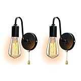 Innen Wandleuchte mit Schalter, 2-Pack Wandlampe mit Zugschalter E27 Lampenfassung Vintage Industrielampe Metall Schwarz Retro Wandbeleuchtung für Schlafzimmer Wohnzimmer Esszimmer Balkon L