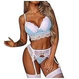 Xmiral Damen Sexy Dessous Set Spitze BH und Slip mit Strumpfband Erotische Lingerie Reizwäsche Set Nachtwäsche Unterwäscshe Erotik(Weiß,S)