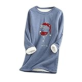 Damen Gefüttert Pullover Winter Langarm Sherpa Fleece Rundhals Warm Sweatshirt Tops Langarmshirt Frauen Weihnachten Bedrucktes Longshirt Blusenshirts Oberteil Blusen Tunika Dickes Fleece Shirts Top