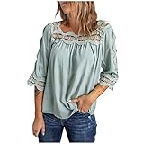 Bluse Damen Blusenshirt Damen 3/4 Arm Einfarbig Tunika Plissee-Oberteil Damen Sommer Locker Spitzenoberteil Tops Damen Elegant Pullover S