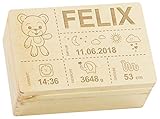 LAUBLUST Erinnerungsbox Baby Personalisiert - Teddybär - Geschenk zur Geburt | M - ca. 30x20x14cm, Holzkiste Natur FSC®