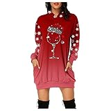 Partykleid Damen Lang Mini Pulloverkleid Weihnachtselch Rentier Elch Druck Hoodie Kleid Herbst Winter Langarm Pullover Kleid Weihnachtspullover Sweatshirt Kapuzenpullover Slim Fit Weihnachtsk