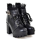 XUNN Damen Dick High Heel Schnürstiefeletten Stiefeletten, Frauen Biker Boots, Winter Warm Gefüttert Mode Plateau Spitze Studentenschuhe Übergröße Kurze S