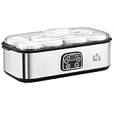 HOMCOM Joghurtbereiter Joghurtmaschine digitale Anzeige 8 Joghurtgläser mit Deckel aus Glas 180ml einstellbare Temperatur und Zeit PC PP-Kunststoff Edelstahl Glas Silber 36 x 18,8 x 14