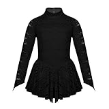 FEESHOW Mädchen Balletanzug Eislaufkleid Langarm Ballett Trikot Rollkragen Body Spitzen Kostüm für Tanz Gymnastik Eislaufen Schwarz 134-140