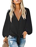 Roskiky Damen V-Ausschnitt Button-down Langarm Bluse Hemd Knoten vorne Casual Top Schwarz Größe M