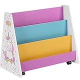 SONGMICS Bücherregal für Kinder, Bücher-Organizer, Kinderzimmerregal mit Rollen, Tafel und Ablagen, für Kinderzimmer, Spielzimmer, weiß, blau, pink, gelb und schwarz GKR075W01