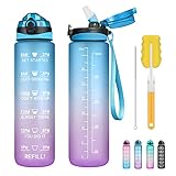 1 Liter Wasserflasche mit Strohhalm, BPA-freie motivierende Wasserflaschen mit Zeitmarkierung, auslaufsichere wiederverwendbare Trinkflasche für Radfahren, Tritan-Kunststoff, 32 oz (blau & lila)