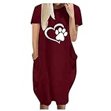 KIMODO Bekleidung Sommerkleid Shirtkleid Blusenkleid Tunikakleid Damen Kleid Kurzarm Casual Rundausschnitt Tops Longshirt Große Größe Lässiges Lockeres Liebesdruckkleid (A-Wein, 3XL)