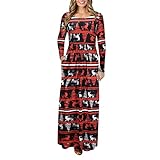 Weihnachten Maxi Kleid Damen Elegant Rundhals Langarm Kleider mit Taschen Frauen Casual Weihnachtsdruck Muster Langes Kleid Christmas Winterkleid Lose Weihnachtsk